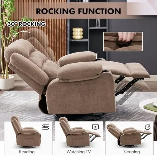 Rocker Recliner Chair with Heat & Massage, 360° Swivel, Oversized Single Sofa Seat (Brown)
