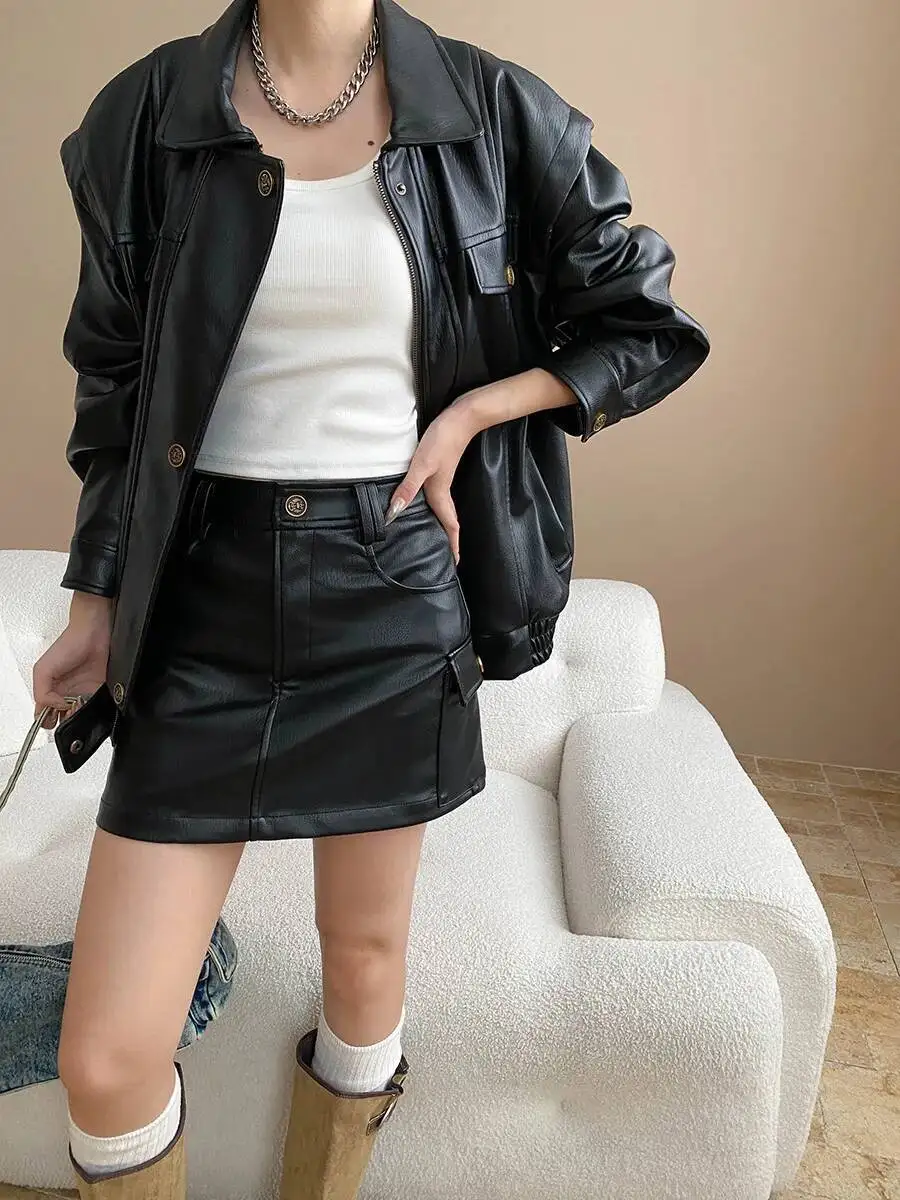秋のヴィンテージ Pu レザージャケット女性ルーズターンダウン襟長袖カジュアルショートコート