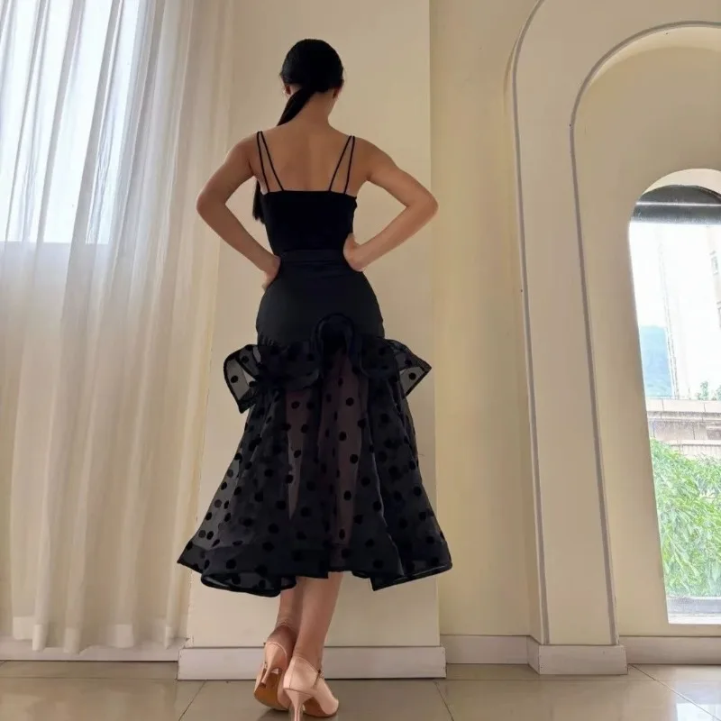 Customized Balloom Modern Dance Dress Black Split Set Strap Top Polka Dot Long Skirt Double Layer Fishbone Waltz Quick Step