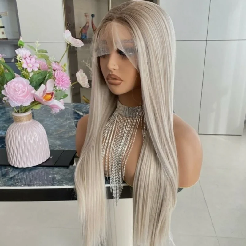 

Luxury Women's Glueless Lace Wig Natural Straight Synthetic Wig Futura Soft Fibre Wigs Platinum Blonde Wig