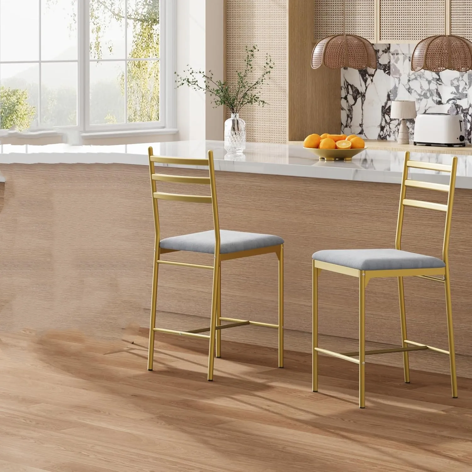 Set of 2 Modern Bar Stools 22" Counter Height - Back & Thick 3" Cushion, Footrest & Seat for Kitchen Island, Water-Resistant