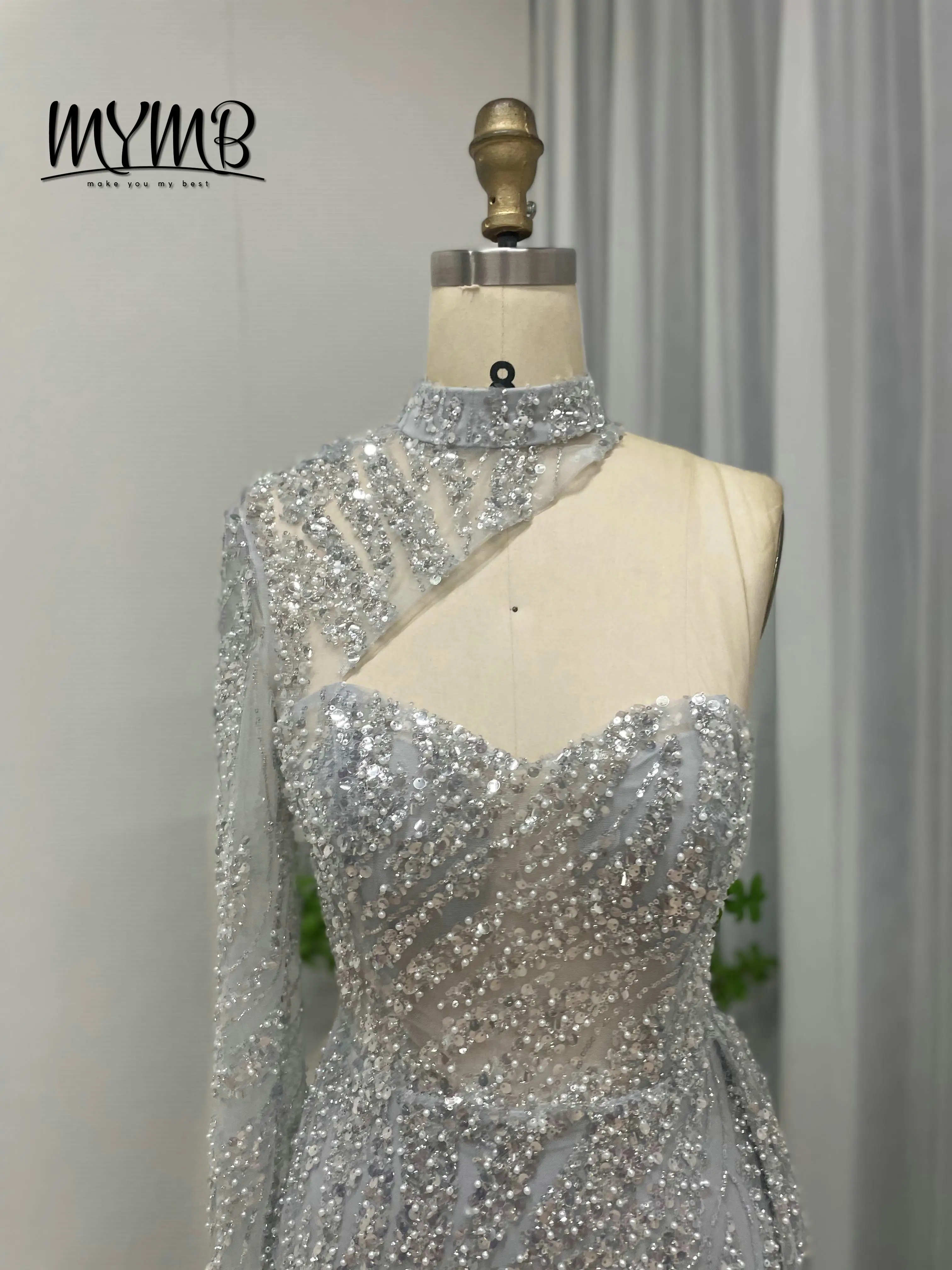MYMB Stilvolles One-Shoulder-Meerjungfrau-Abschlussballkleid mit Schlitz, individuelles Langarm-Hochzeitskleid in Übergröße für Frauen MY30033
