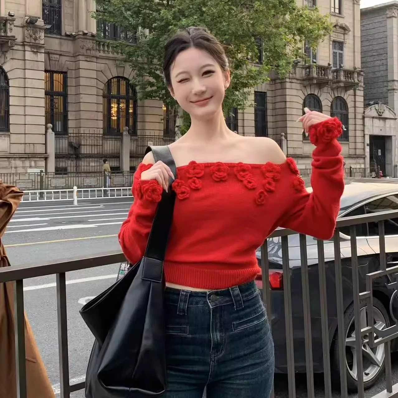 

Красный вязаный топ на одно плечо Rose S Li Bao Ni с длинным рукавом и цветочным узором для женщин