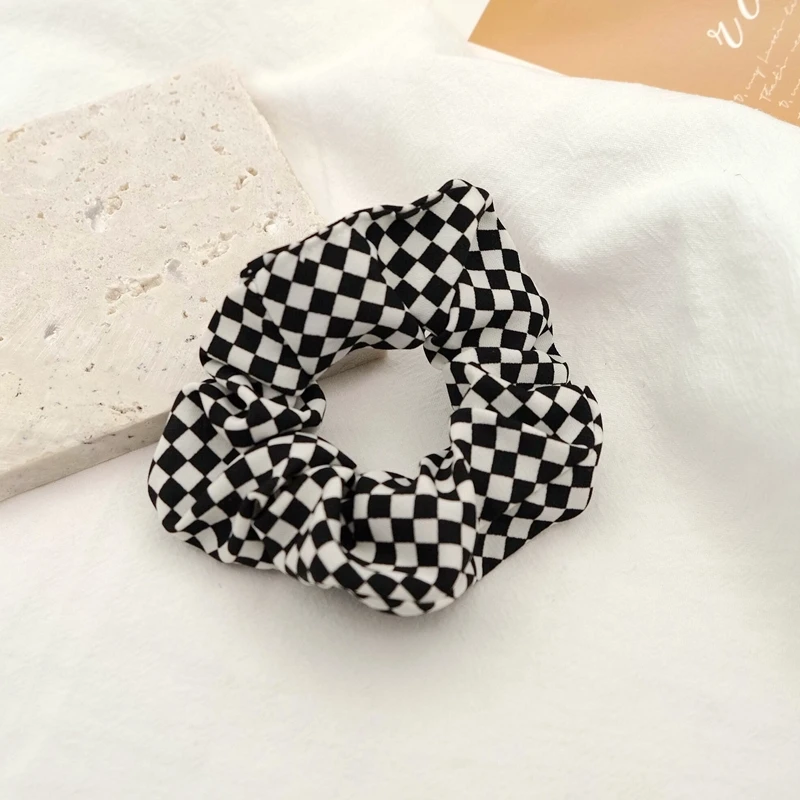 Modern Checkerboard Scrunchies Black and White Hair Rope Large Intestine Circle Hair Ties Wide Fabric Hair Accessories for Women