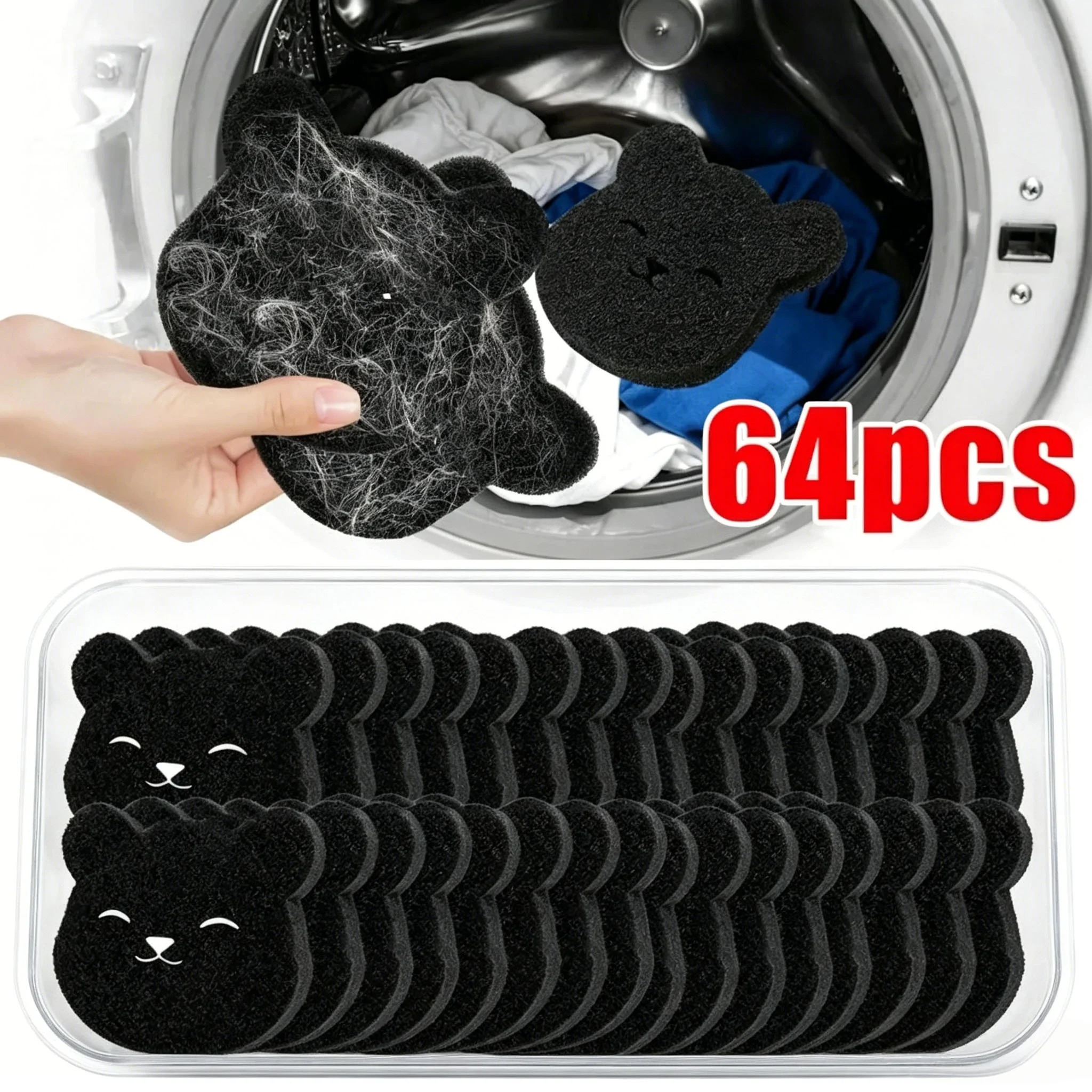 64pcs Bear Shape Laundry Balls Lint Catcher Reusable Pet Hair Remover Cleaning Sponge for Clothes Sofa Cat Dog Home House