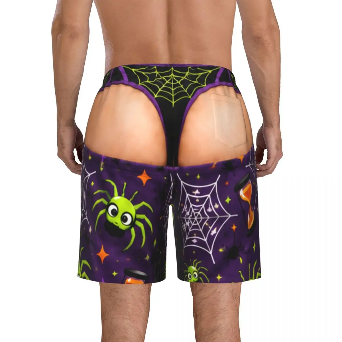 Men's Funny Sexy Halloween Spider Web Spooky Gothic Raven Swim Trunks Hawaiian Bathing Mesh Lining Suit Swimsuits Beach Shorts