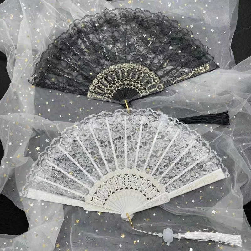 1pc Classic European Style Lace Fabric Hand Fan - Foldable Handheld Floral Design Women Weddings