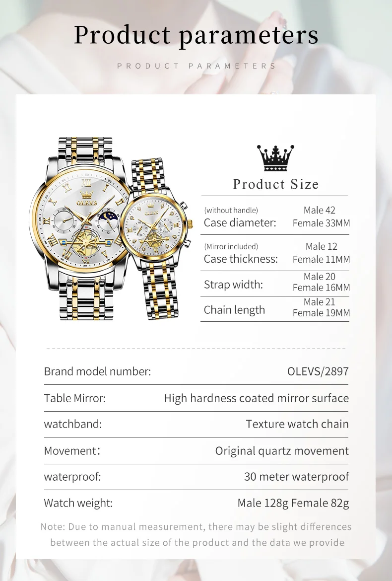 Olevs Top-Marke Paar Uhren Edelstahl wasserdicht Chronograph Mondphase Schwungrad Design Liebhaber Armbanduhr für Männer Frauen