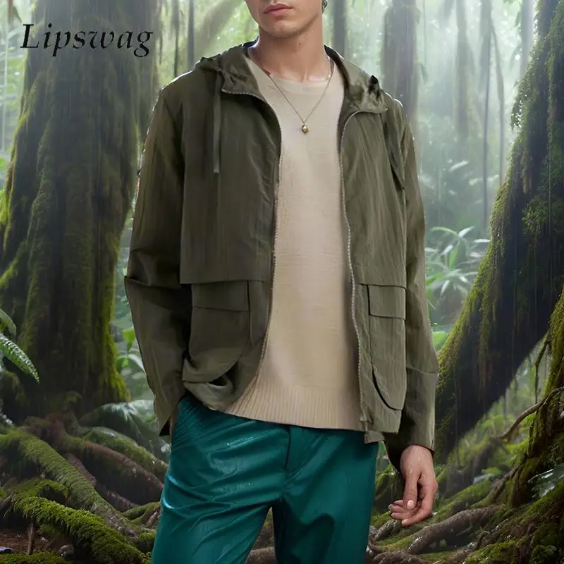 

New Fashion Hooded Jackets Men Outdoor Windbreaker Long Sleeve Solid Color Zipper Coats For Mens Autumn Vintage Hiking Outerwear