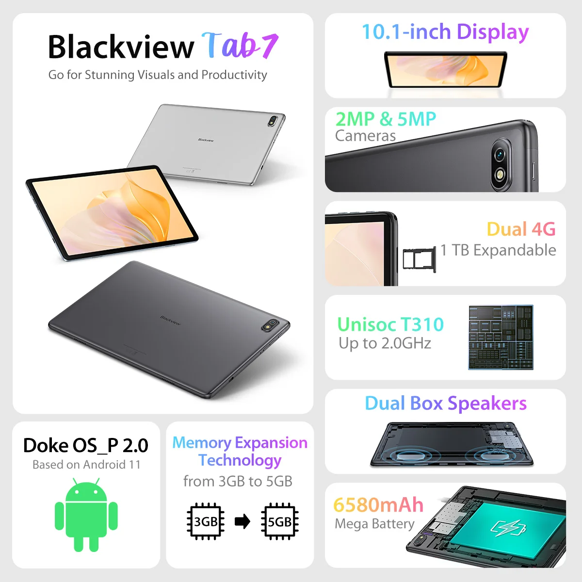 Blackview Tab 7 Tablet Android 11 10.1 mAh, Tablet 6580 inci 1280X800 3GB 32GB 4G WIFI LTE Ebook tipe-c