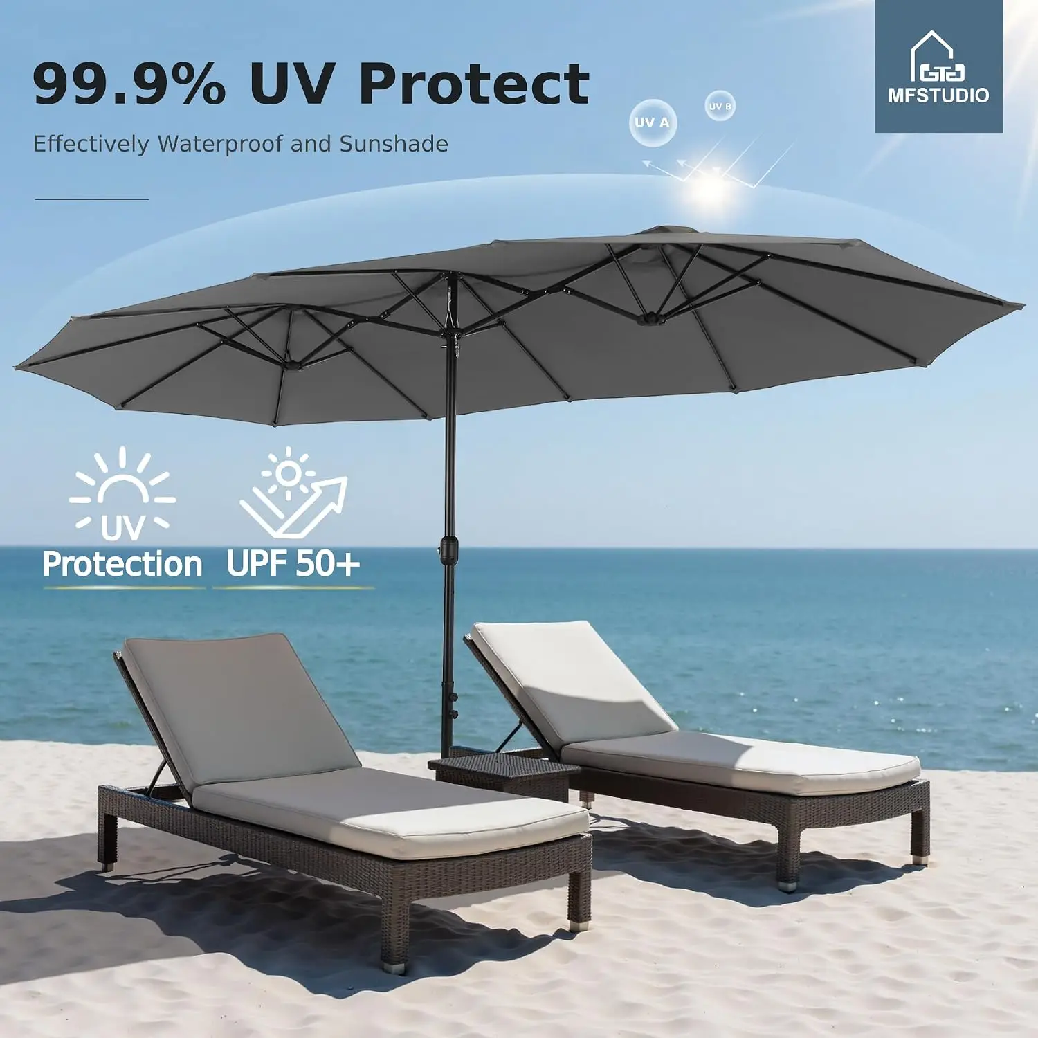 15ft Double Sided Patio Umbrella with Base, Outdoor Rectangular Umbrella with Crank for Deck Pool Shade, Gray, Customized