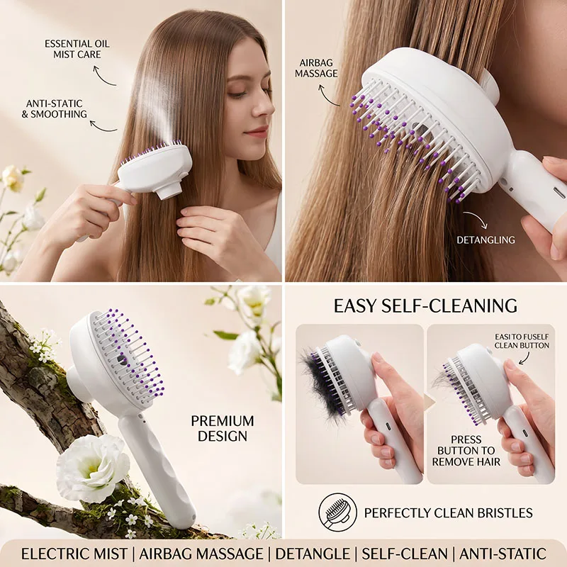

Electric Spray Hair Oil Nourishing Comb Refillable Mist Hair Brush Self Cleaning Anti Static Silicone Massage Hair Styling Comb