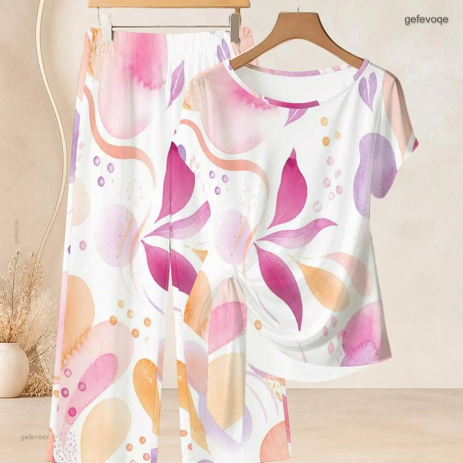 Women Printed Abstract Watercolor Pink Purple Peach Pattern Round Neck Short Sleeve Top and Cropped Pants Two Piece Set