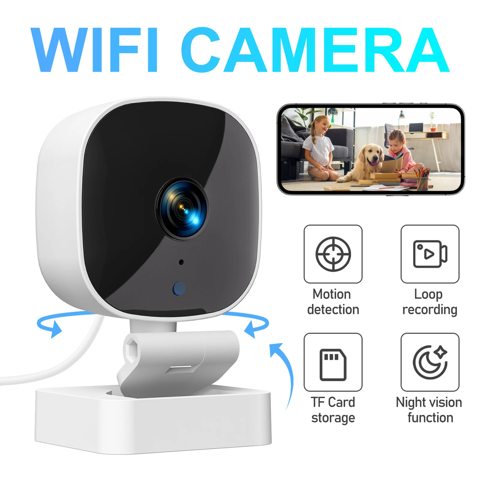 Indoor Baby Pet Camera WiFi 720P IR Night Vision Motion Detection Alert TF Card Recording Remote Monitor