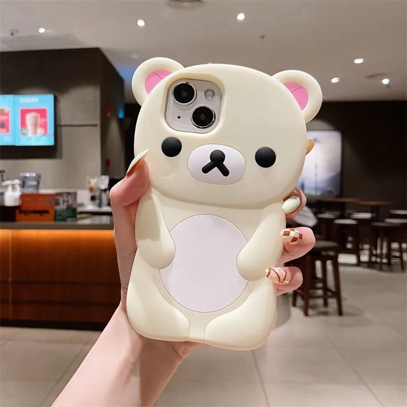 For iPhone X XS XR 7 8 SE 16 15 Pro Max 14 Plus 13 Pro 12 Mini 11 3D Rilakkuma Bear Cartoon Silicon Back Couple Soft Phone Case