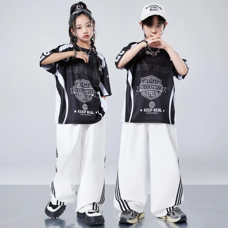 

Girls Street Dance Letter Print T-shirt Loose Pants Boys Hip Hop Clothes Set Cool Jazz Denim Pants Outfits Group Streetwear Suit