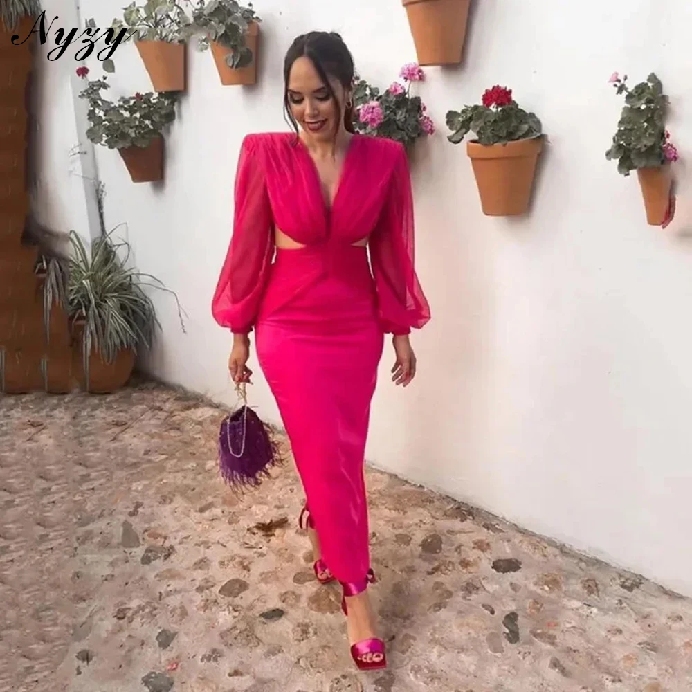 NYZY E707 От кутюр со складками из органзы, летние вечерние платья, атласное вечернее платье русалки с замочной скважиной, коктейльное платье цвета фуксии