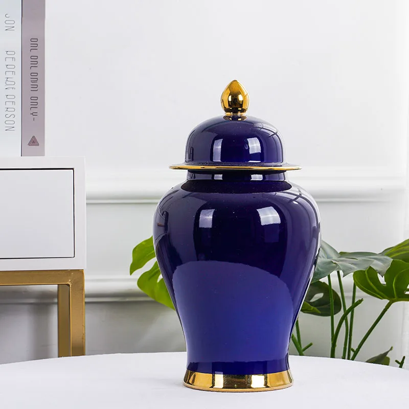 European Style Navy Blue Vase with Golden Edge Lines, Decorative Temple Jar, Large, Hotel, Restaurant, Housewarming Gift