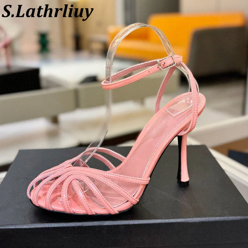 Ankle Strap High Heel Sandals Women Closed Toe Genuine Leather Narrow Band Hollow Out Sandals Summer Sexy Party Dress Shoes