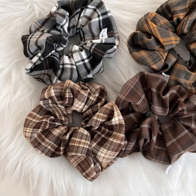 Maillard style coffee color plaid hair loop large intestine loop head rope high-end feeling rubber band tied hair rope French