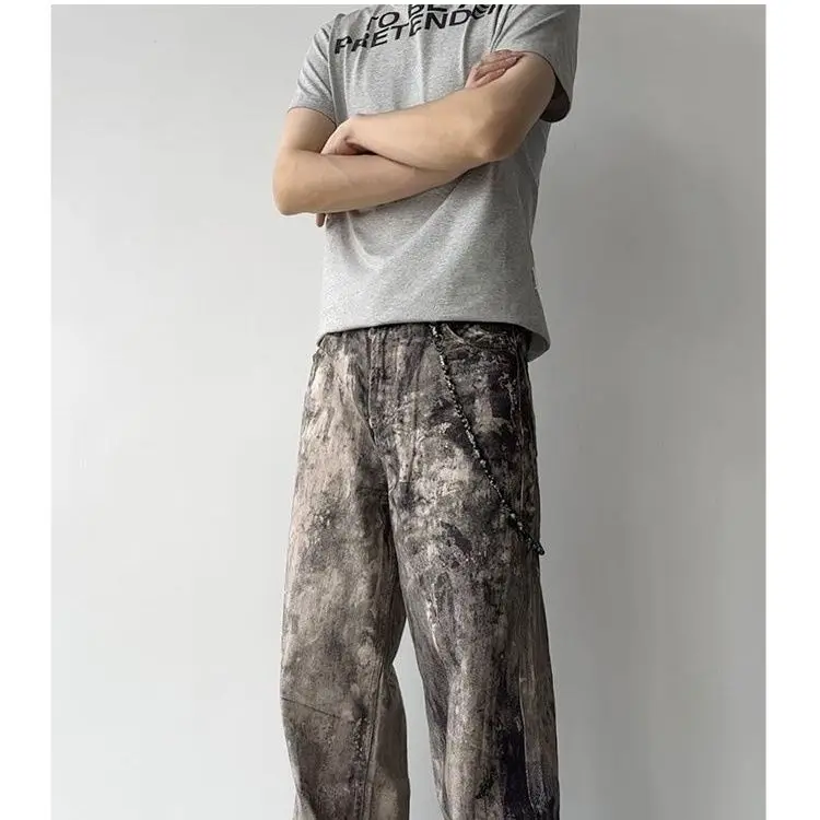 Pantaloni a gamba dritta effetto consumato High Street Splash Ink Jeans larghi dal design casual da uomo