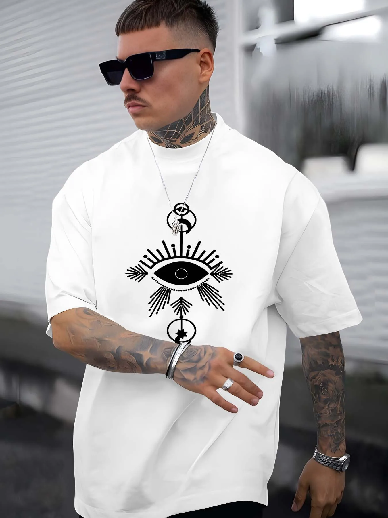 

Mens White T Shirt All Seeing Eye Graphic Gothic Streetwear Symbolic Design Spiritual Aesthetic Minimalist Fashion Urban Tee