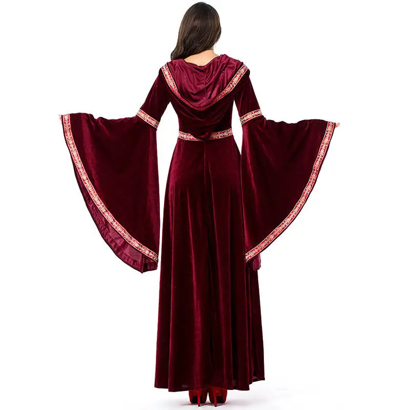 

Halloween Vintage Gothic Hooded Red Dress Girls Women Sexy Party Outfits Flare Sleeve Witch Vampire Cosplay Kids Costume