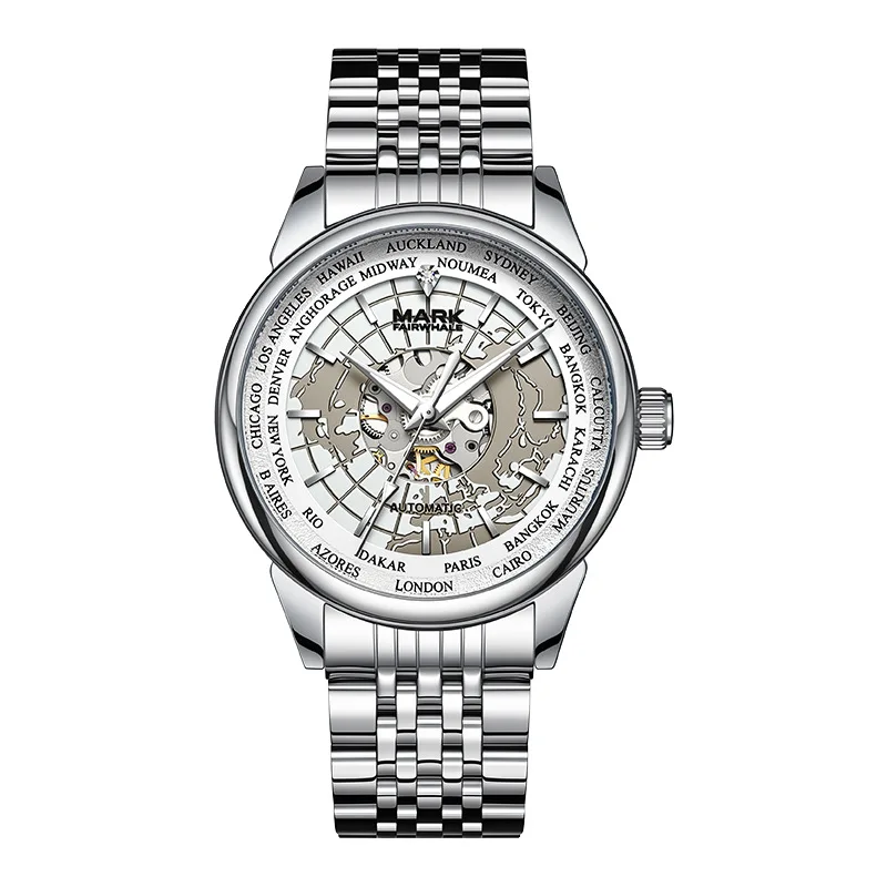 Business High End Mechanical Watch with Pilot Earth Dial Round Steel Band Fold Clasp Waterproof Wristwatch