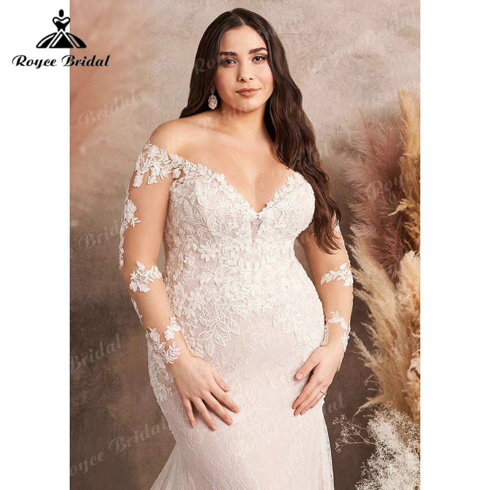 Boho V Neck Long Sleeve Back Button Lace Sweep Plus Size Sexy Mermaid Wedding Dress For Women Beach Bridal Gowns Robe Customized