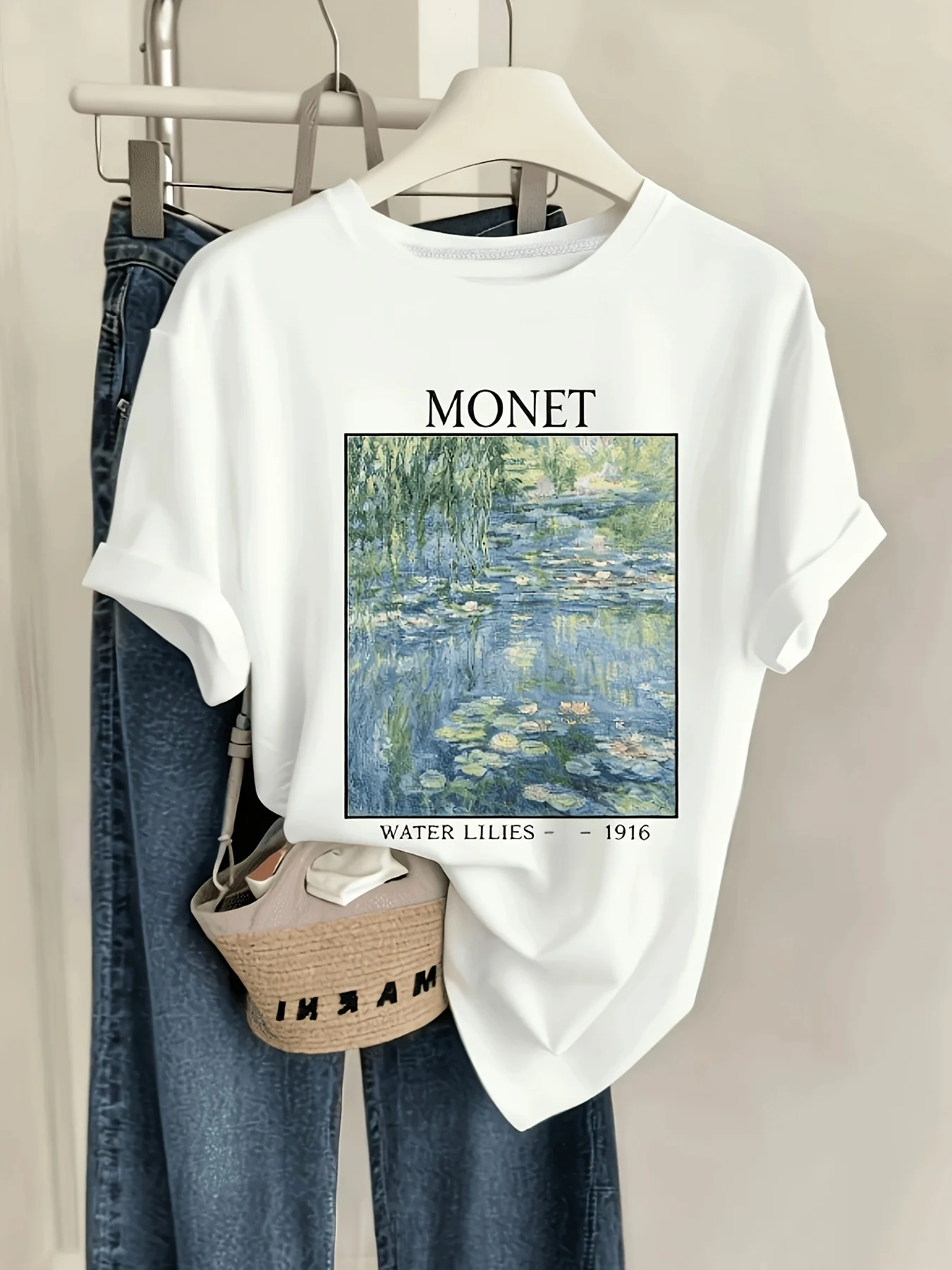 Monet Water Lilies Famous Impressionist Painting Women Vintage Art T-shirt White Casual Crew Neck T Shirt