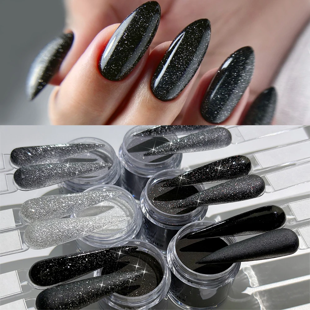 6pcs Black/White Glitter Acrylic Powder 3 in 1 Nails Extension Dipping Carving Powder Fast-Dry Polymer Dust Fine Dip Powder