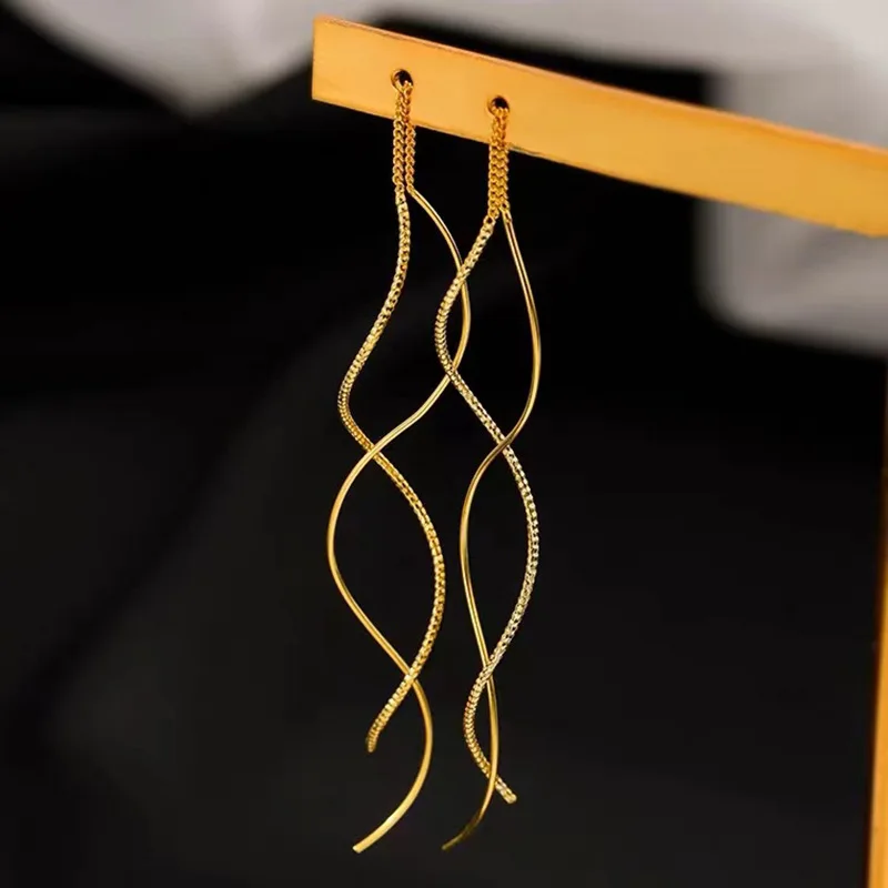 Trendy Charm 925 Sterling Silver Long Wavy Line Tassel Dangle Earrings for Woman Geometry Designer Jewelry Accessories Colorfast
