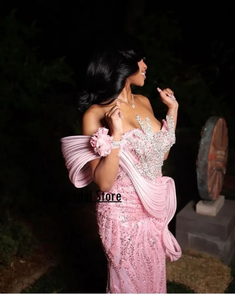 Pink Prom Dresses 2025 For Black Girls Sequin Beading Mermaid Party Gowns Crystal African Women vestidos de festas Customized image 4