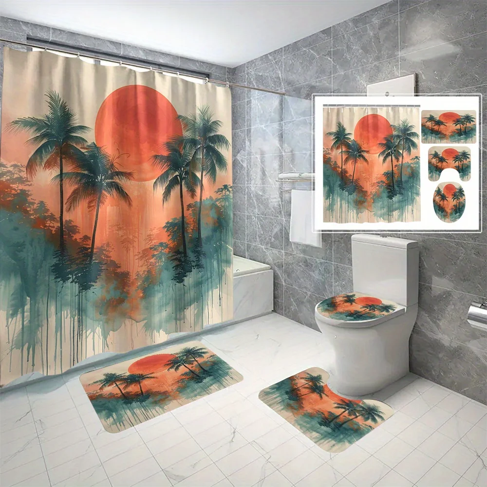 

1pc/3pcs/4pcs Ink Palm Tree Digital Print Polyester Shower Curtain No-Hole Bathroom Partition