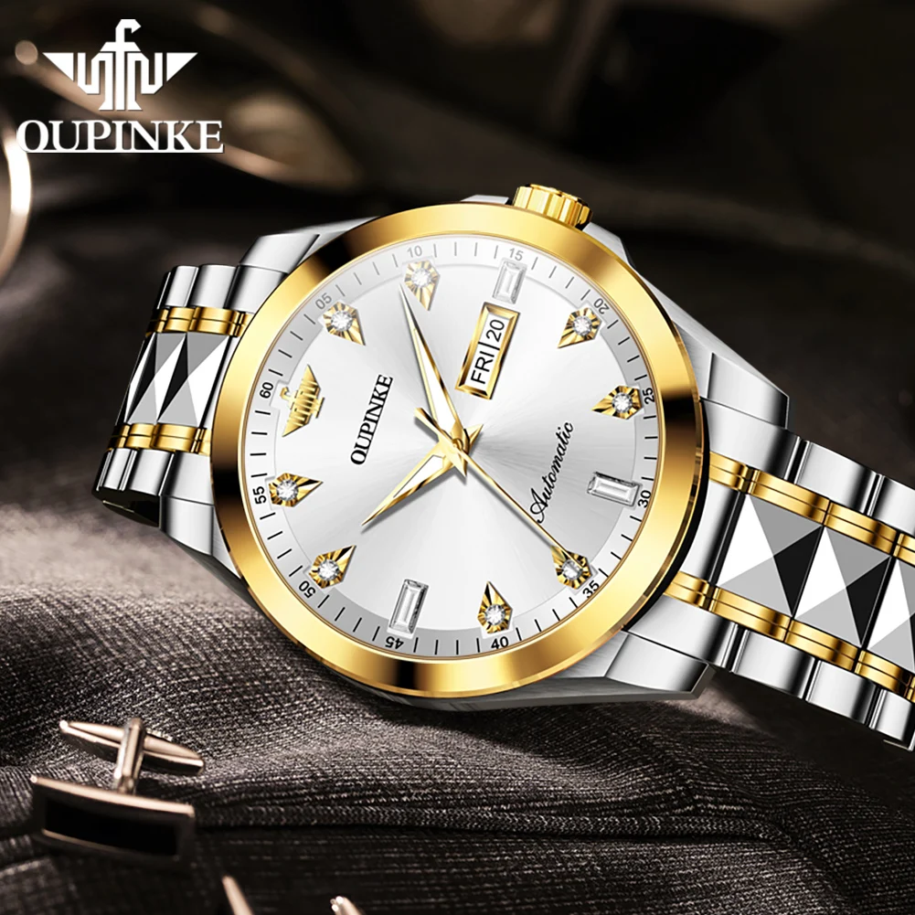 OUPINKE TOP Originale 50m Orologi da uomo impermeabili Doppio calendario Orologio meccanico automatico Orologio da polso con specchio in zaffiro luminoso