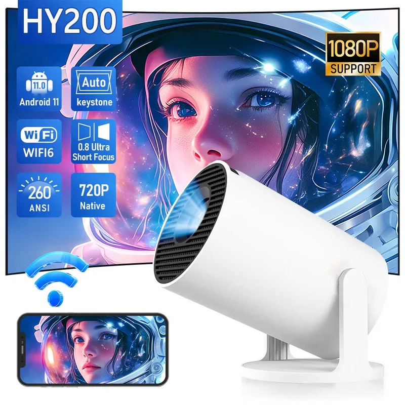 

Новый хит продаж: портативный проектор HY200 2026 4K Ultra HD 300ANSI с Android 11, BT5.4, электронной фокусировкой, встроенным динамиком для домашнего кинотеатра