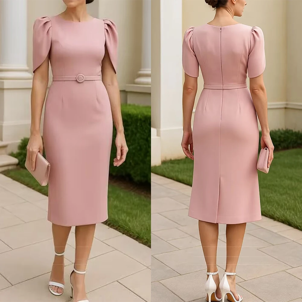 Customized O-neck Knee Length Short Sleeves Straight Belt Pink Vestidos Elegantes Para Mujer Para Una Boda فساتين سهره 드레스 Prom