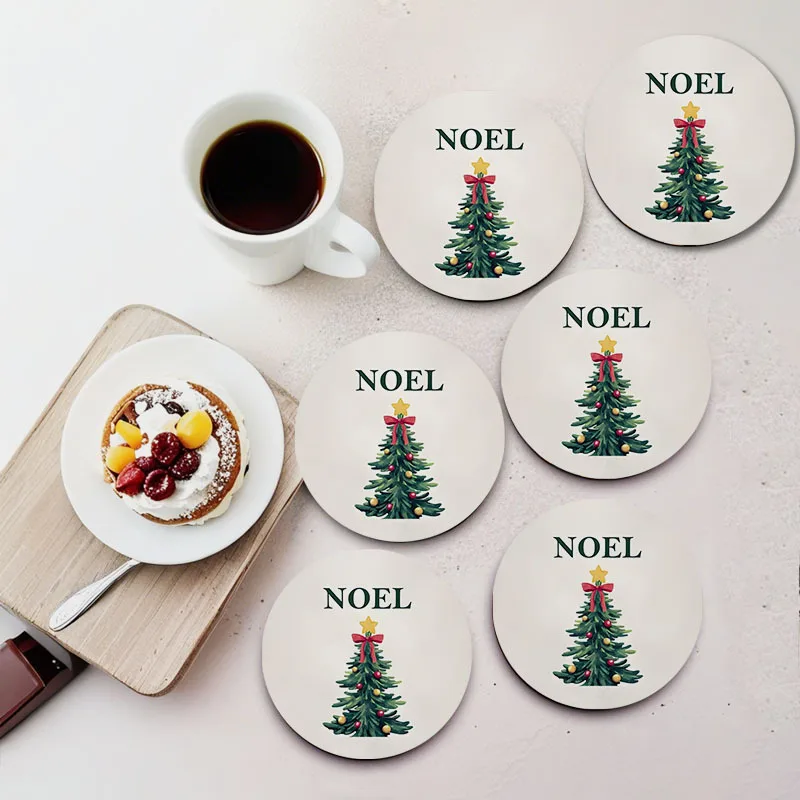 Christmas Pine Tree Motif Clean Style 6PCS 2D Wooden Cup Mat Household Ornament Festive Celebration Seasonal Decor Ideal Present