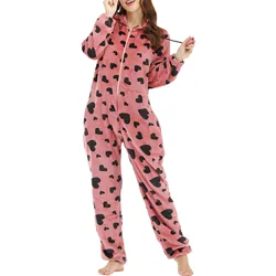 Warm Pyjamas Women Onesies Flannel Sleepwear Size Hood Sets Pajamas For Winter Zipper Love Printed Long Earless Red Jumpsuit