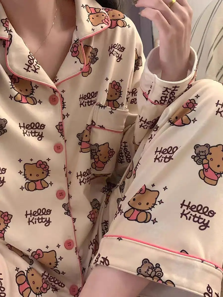 2025New Hello Kitty Pajama Set Anime Sanrio Thickened Warm Homewear Set Woman's Pajama Pants Suit Sweet Girl Loungewear Gifts