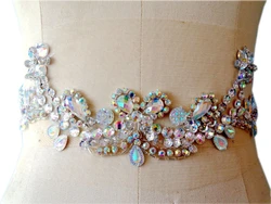 ZBROH Free shipping hand made crystal patches sew on clear AB colour Rhinestones applique 32*8cm for top dress belt