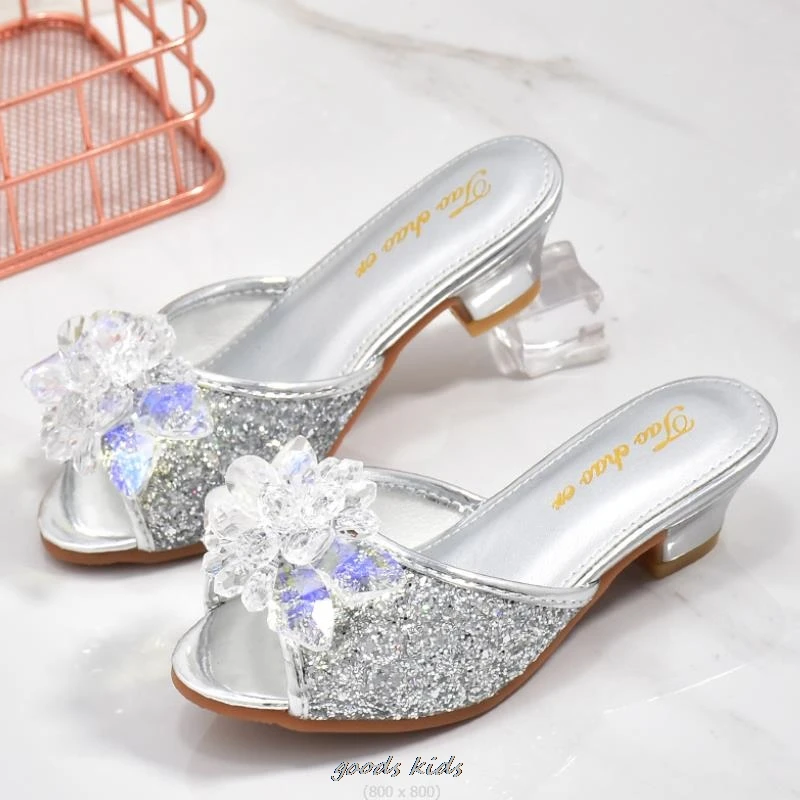 Girls Summer Frozen Sandals Slipper Sequined Princesse Children High Heel Party Dress Elsa Shoes Leather Slipper For Kids Slides