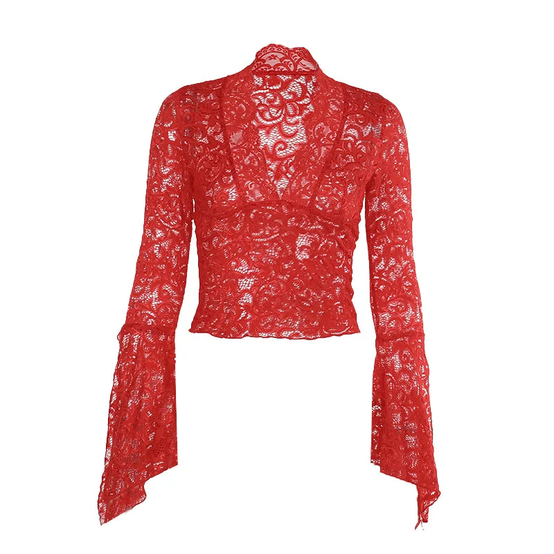 Autumn 2025 new model, European and American temperament, sexy V-neck lace perspective sexy hottie top women cw92951
