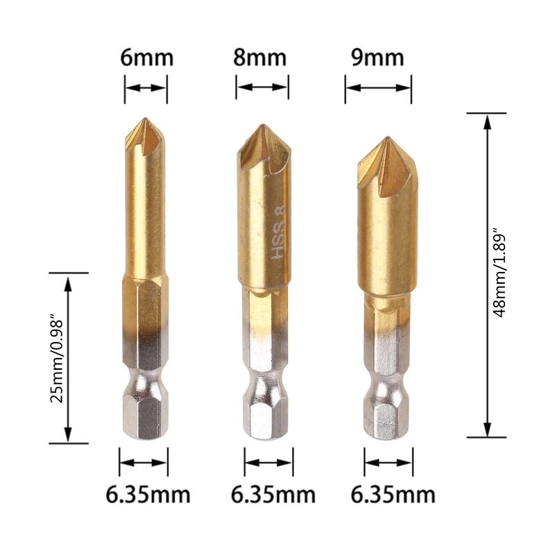 F92C 3 PCS HSS Chamfer Counterk Inspfer Drill Bit Bit 1/4 Shank 90 độ gỗ