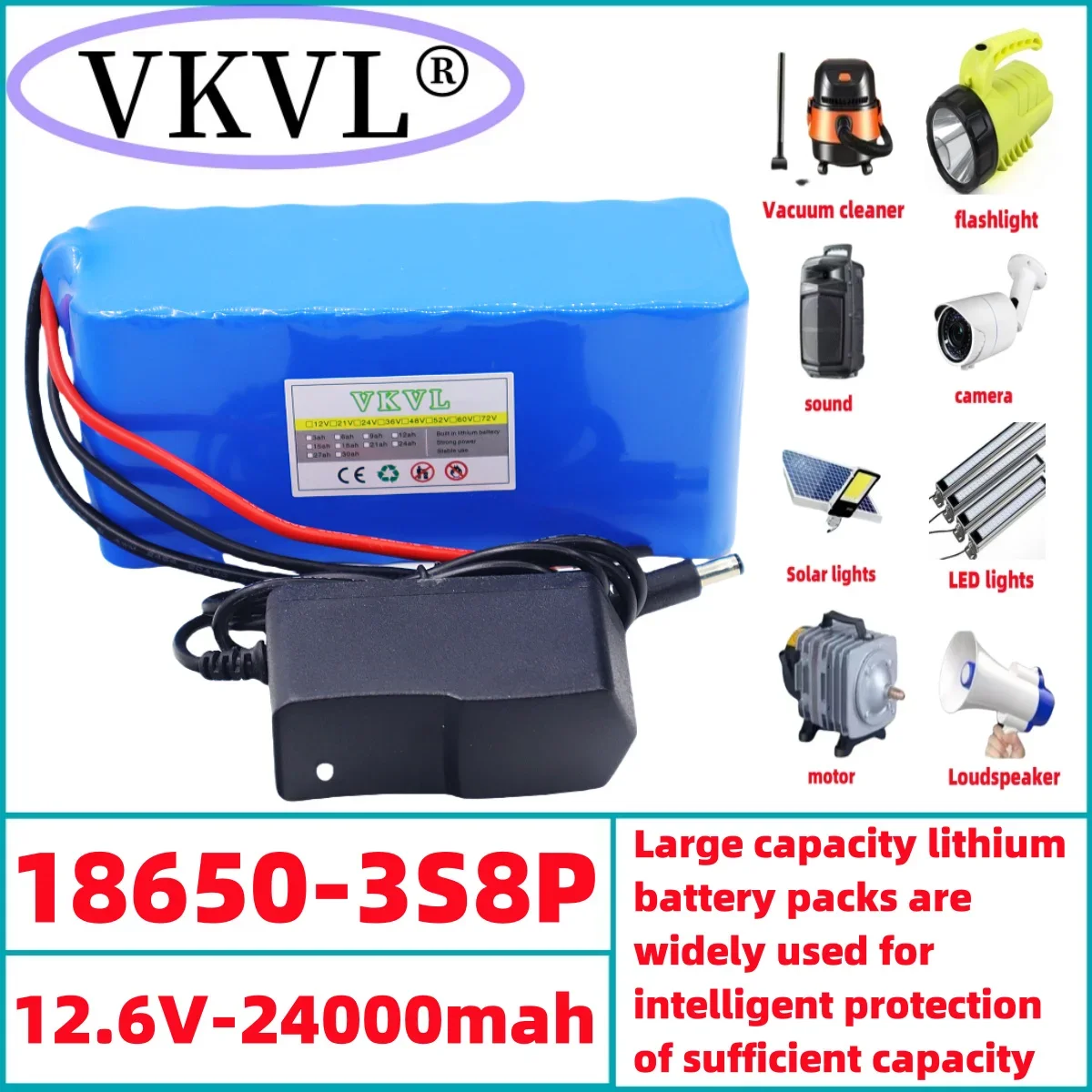 

3S8P12V24000mah rechargeable lithium-ion battery, suitable for LED lights, speakers, backup camera 12V mobile power supply, etc