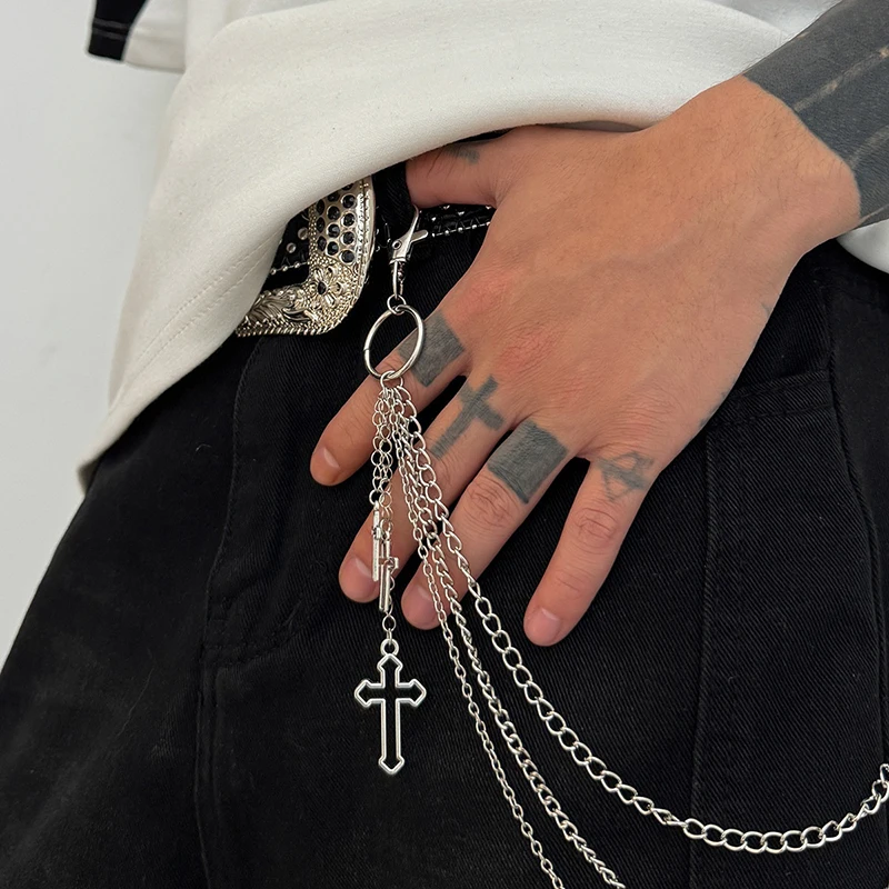 Nieuwe Retro Punk Rock Cross Broek Taille Keten Mannen Vrouwen Jeans Keten Kruis Hanger Sleutelhanger Jeans Unisex Hiphop Sieraden Gift