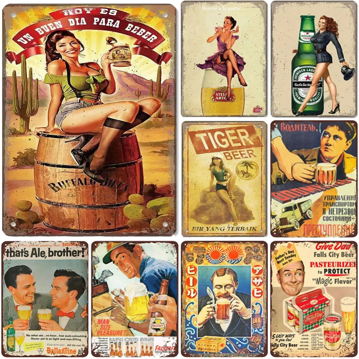 Decor Vintage Pinup Girls Tiger Cold Beer Metal Tin Signs Funny Wall Art Posters Decor for Cafe Bar Pub Man Cave Wall Decoration