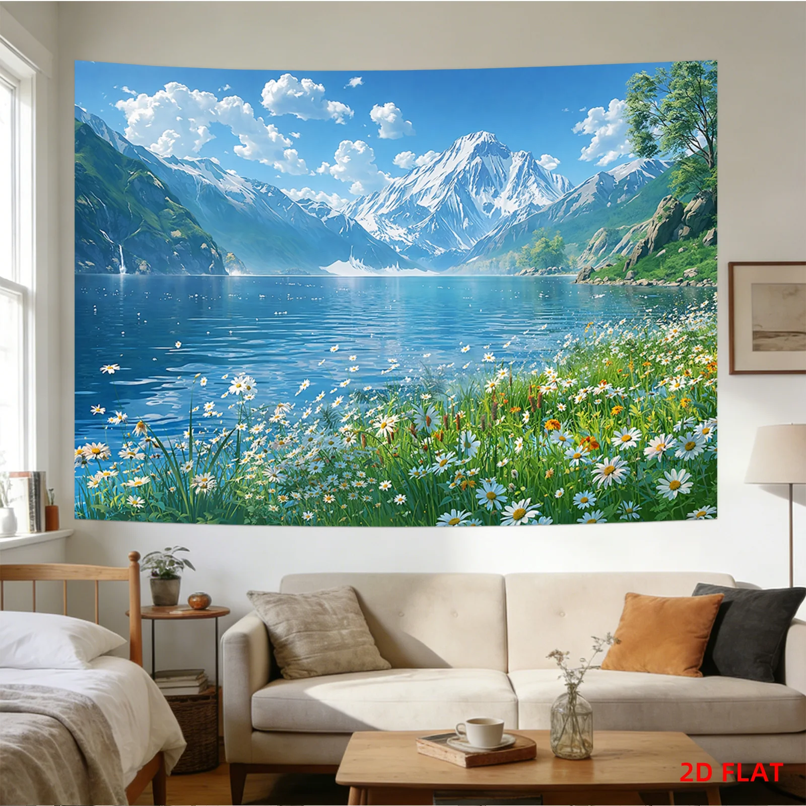 Alpine Lake Tapestry with Snowy Mountains, Daisy Meadow and Blue Sky 180x280cm Scenic Wall Decor aesthetic room decor