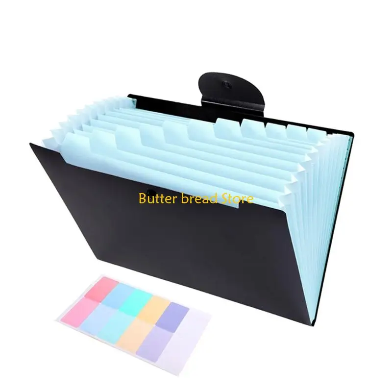 W89C 12 Pockets Expandable File Organiser Bag Big Capacity Plastic Document Case with Clear Pocket for Office 12.79x9.25Inch