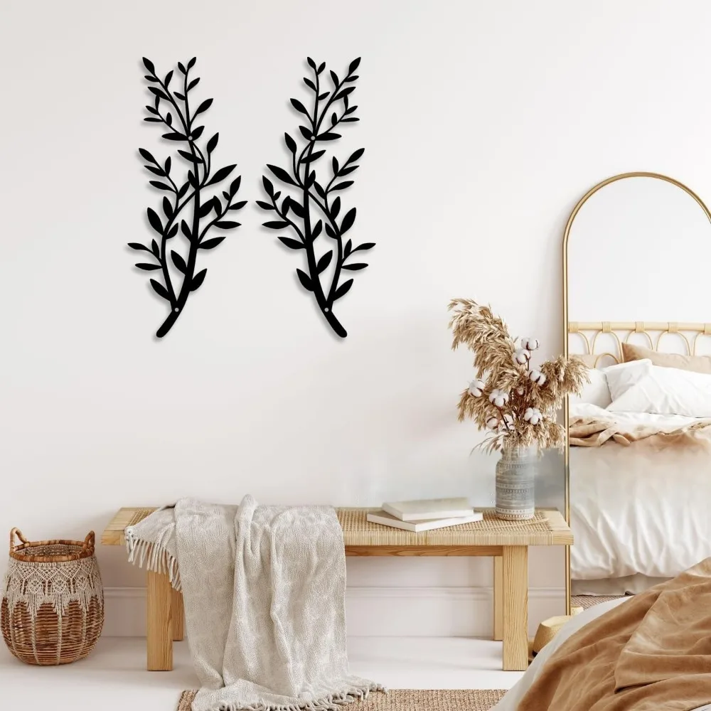 CIFBUY 2 Stück Blatt- und Zweig-Metall-Wandkunst, schwarze Eisen-Zweig-Wanddekoration für Zuhause und Schlafzimmer